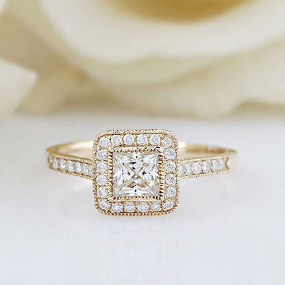 Princess Cut Unique Halo Moissanite Diamond Engagement Ring Valentine Gift For Her