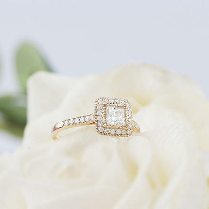 Princess Cut Unique Halo Moissanite Diamond Engagement Ring Valentine Gift For Her