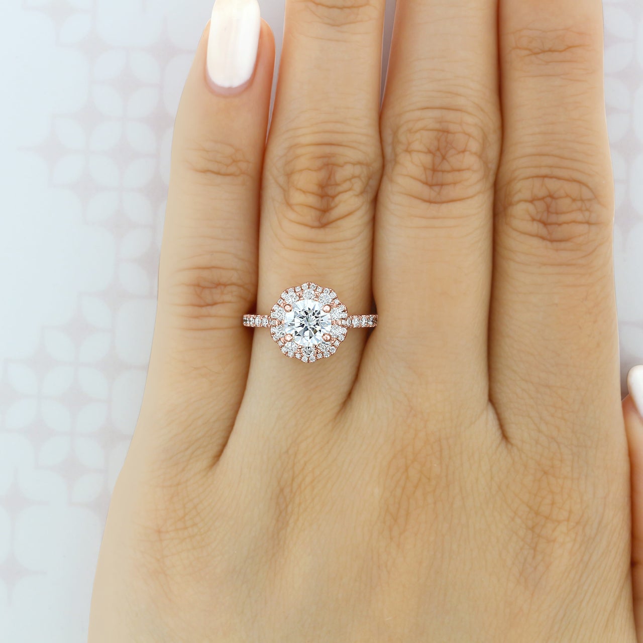 Round Cut Floral Double Halo Style Moissanite Engagement Ring Dainty Ring