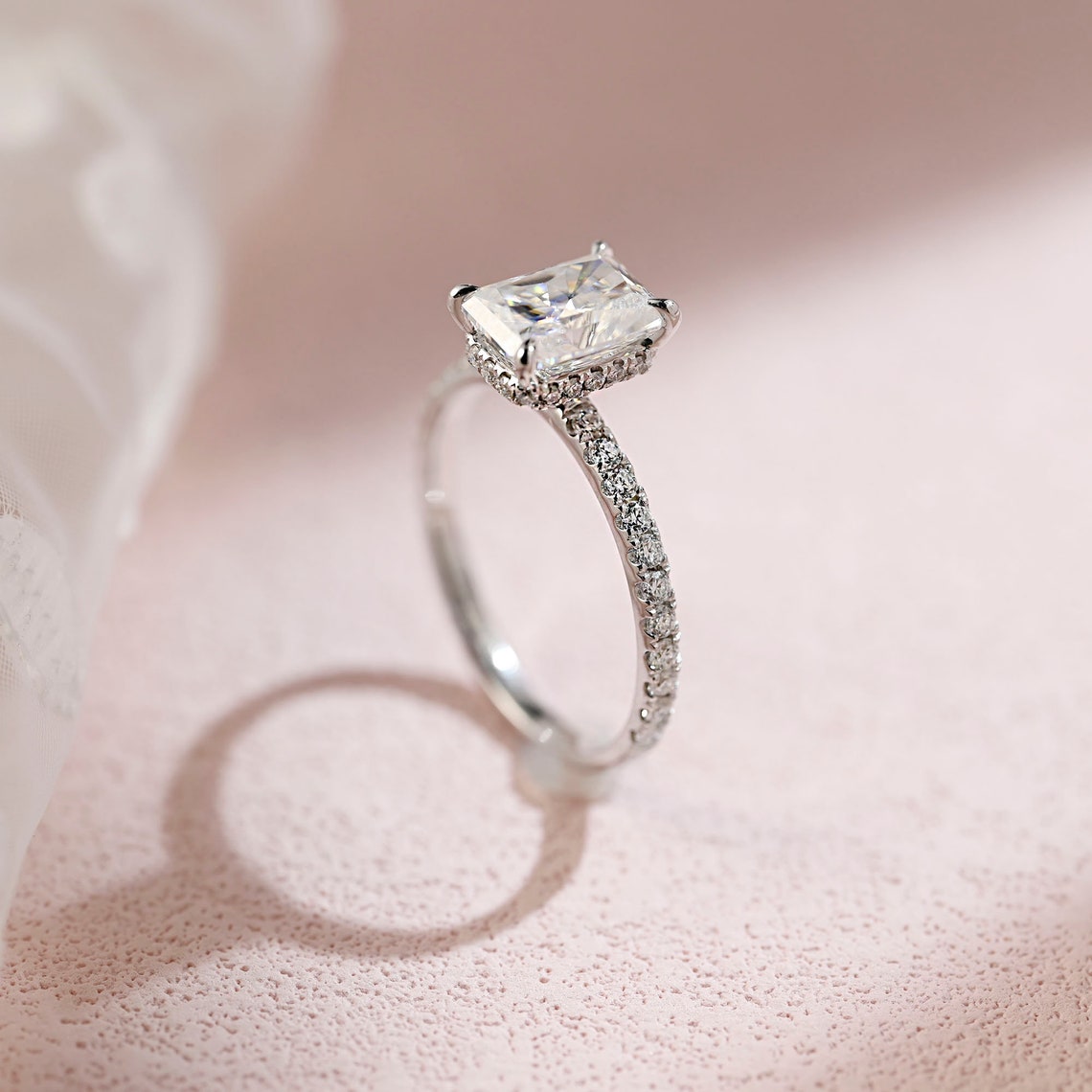 Radiant Moissanite Hidden Halo & Pave Engagement Ring For Her