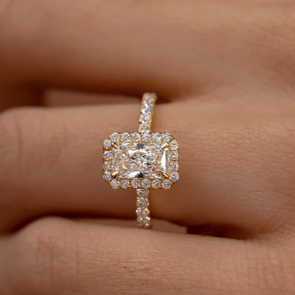 Radiant Cut Moissanite Halo & Pave Engagement Ring For Her Side Accent Stone Ring