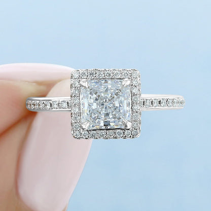 Princess Cut Moissanite Halo Engagement Ring For Her Minimalist