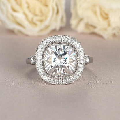 Cushion Cut Moissanite Unique Halo Engagement Ring Gift For Her