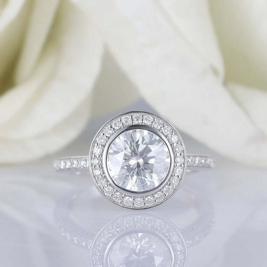 Round Brilliant Cut Halo Moissanite Engagement Ring Vintage Ring / Art Deco Single Halo Ring