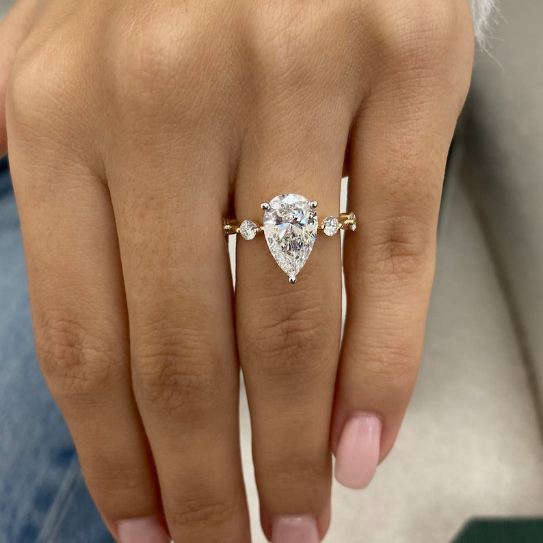 Pear Moissanite Dainty Two Tone Engagement Ring For Her