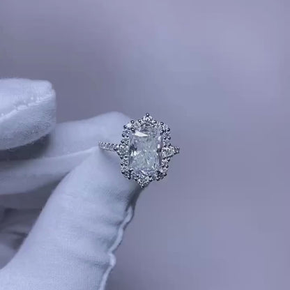 Radiant Cut Moissanite Unique Halo Engagement Ring Dainty Ring