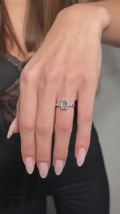 Emerald Cut Moissanite Three Stone Engagement Ring Minimalist