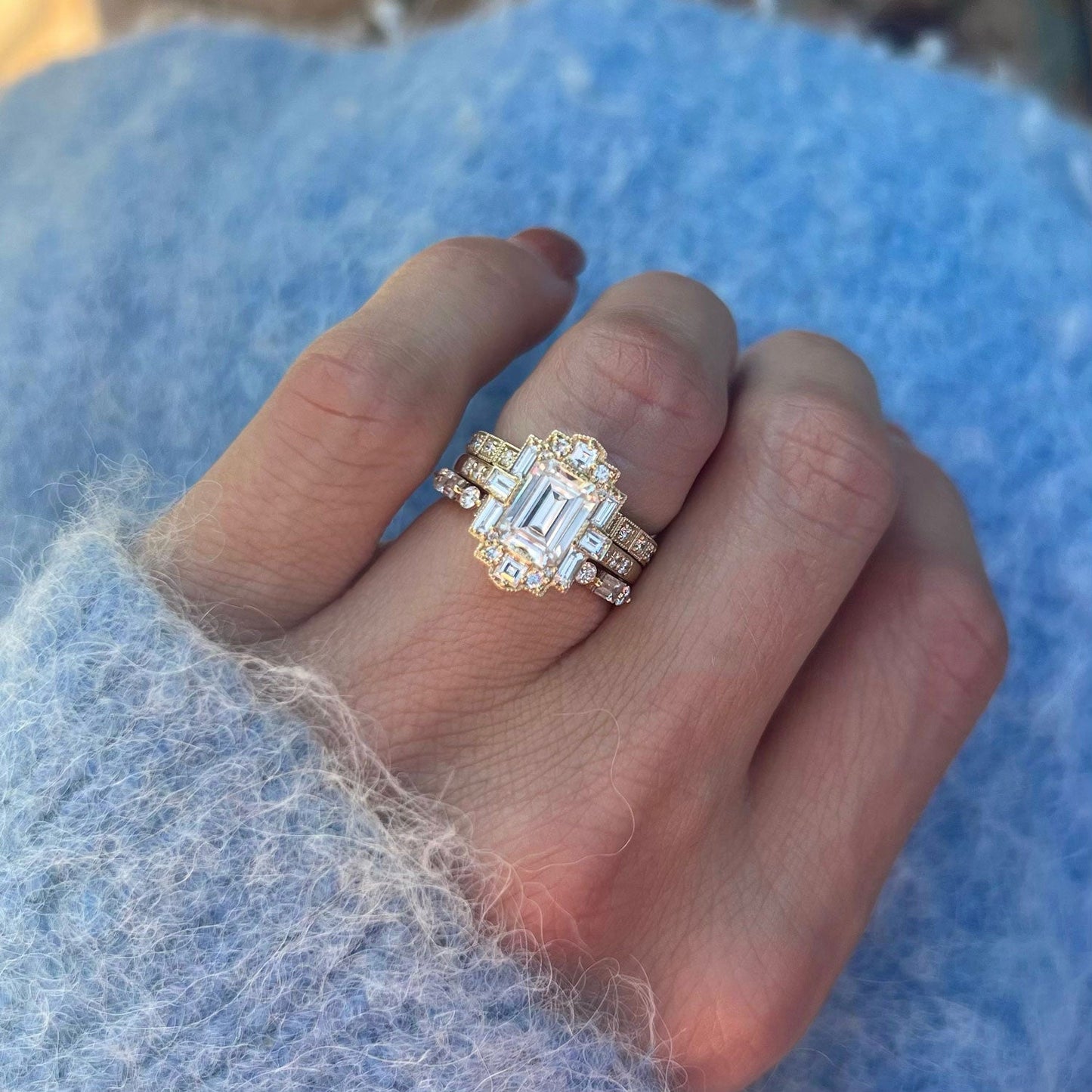 1.50 Ct Emerald Cut Moissanite Diamond Vintage Halo Engagement Ring