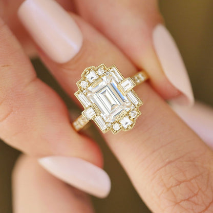 1.50 Ct Emerald Cut Moissanite Diamond Vintage Halo Engagement Ring
