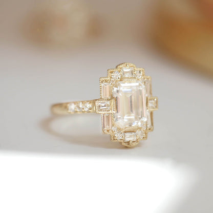 1.50 Ct Emerald Cut Moissanite Diamond Vintage Halo Engagement Ring