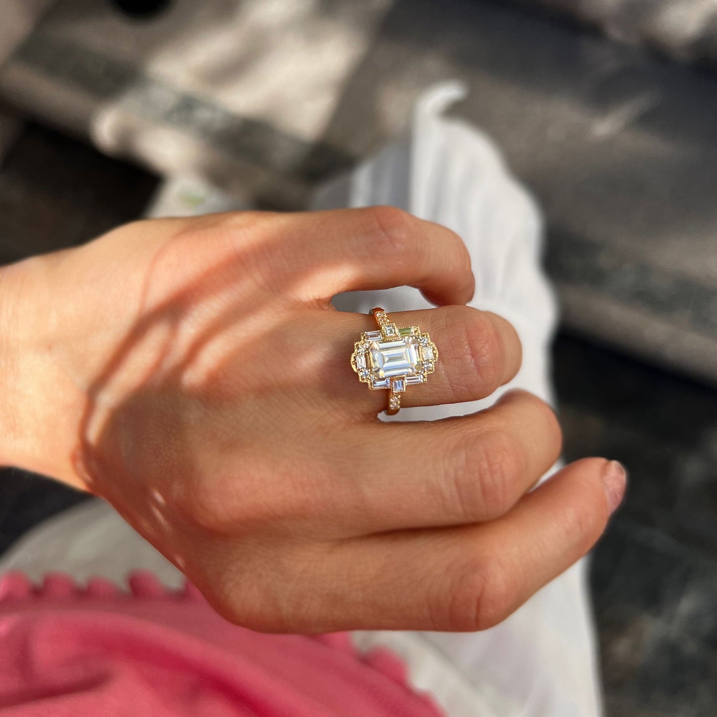 1.50 Ct Emerald Cut Moissanite Diamond Vintage Halo Engagement Ring