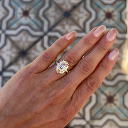 1.50 Ct Emerald Cut Moissanite Diamond Vintage Halo Engagement Ring