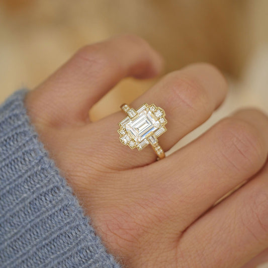 1.50 Ct Emerald Cut Moissanite Diamond Vintage Halo Engagement Ring
